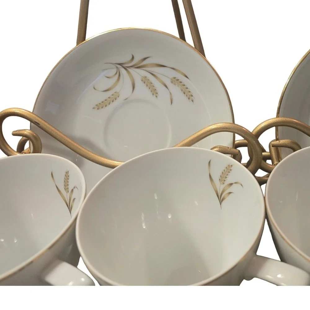 Vintage White Porcelain‎ Golden Wheat Tea Set Sugar Creamer 4 Cups 2 Saucers